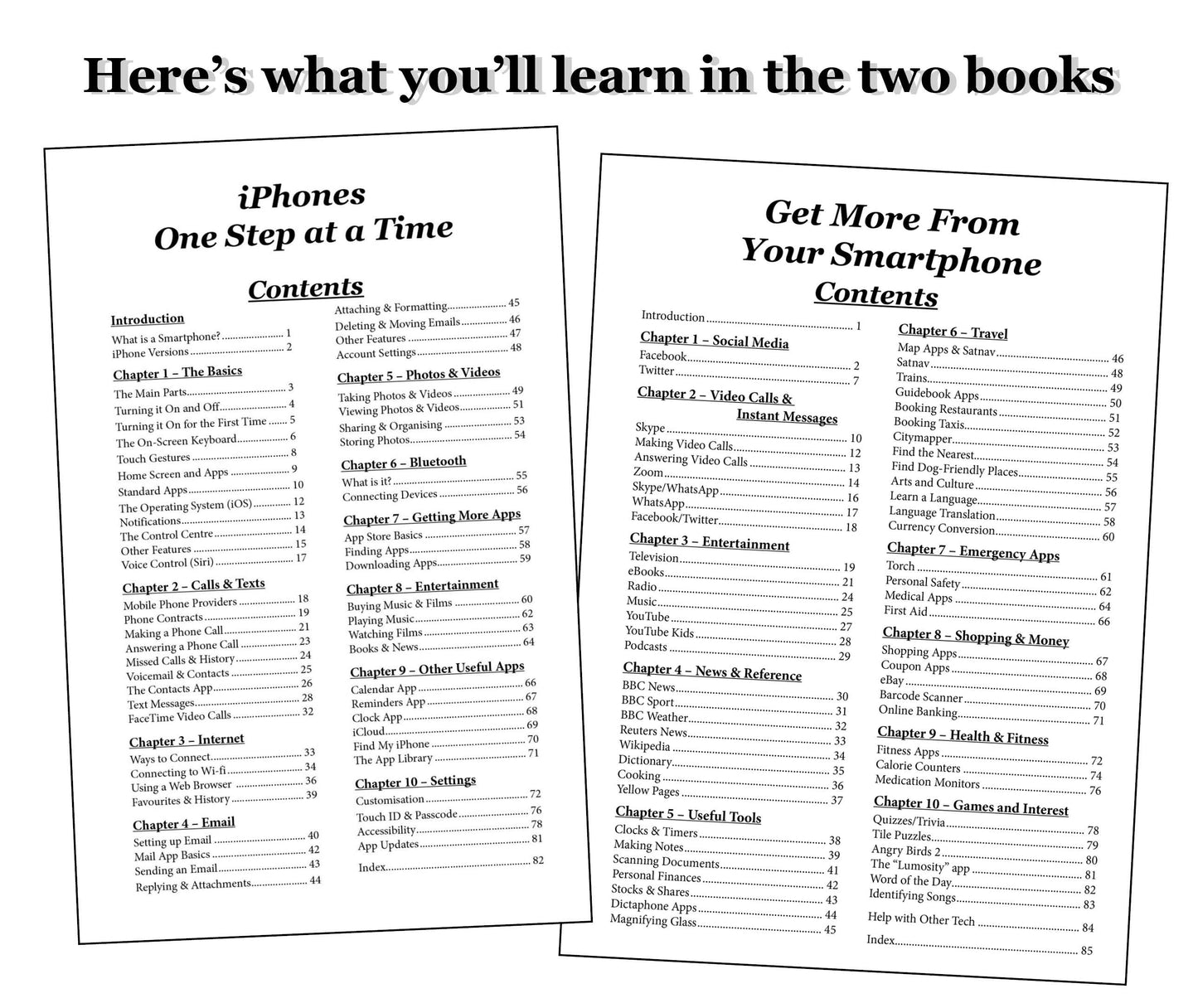 Contents pages from Get more from your smartphone and iPhones One step at a time